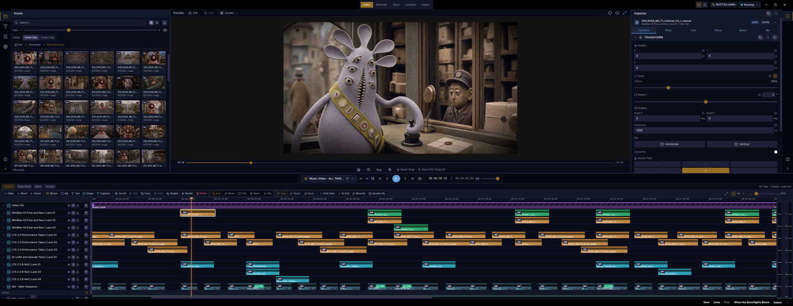 Velorn editor showing generated project assets, a video preview, inspector controls, and a multilayer timeline
